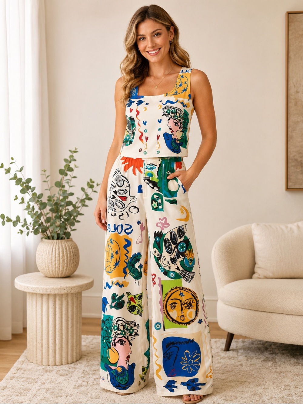 Commense Multicolor Set Wide-Leg Pants with Top